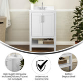 Vega 24 Inch Bathroom Vanity with Sink Combo, Storage Cabinet with Soft Close Doors and Open Shelf, Carrara Marble Finish Countertop, White/White