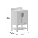 Vega 24 Inch Bathroom Vanity with Sink Combo, Storage Cabinet with Soft Close Doors and Open Shelf, Carrara Marble Finish Countertop, White/White
