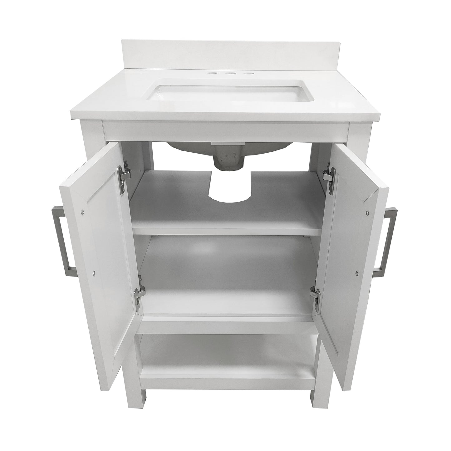 Vega 24 Inch Bathroom Vanity with Sink Combo, Storage Cabinet with Soft Close Doors and Open Shelf, Carrara Marble Finish Countertop, White/White