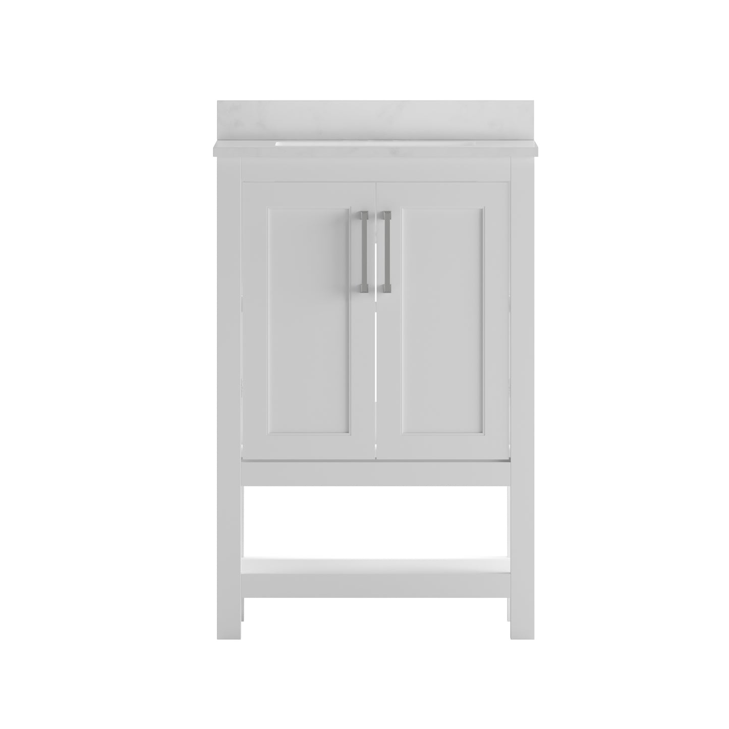 Vega 24 Inch Bathroom Vanity with Sink Combo, Storage Cabinet with Soft Close Doors and Open Shelf, Carrara Marble Finish Countertop, White/White