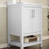 Vega 24 Inch Bathroom Vanity with Sink Combo, Storage Cabinet with Soft Close Doors and Open Shelf, Carrara Marble Finish Countertop, White/White