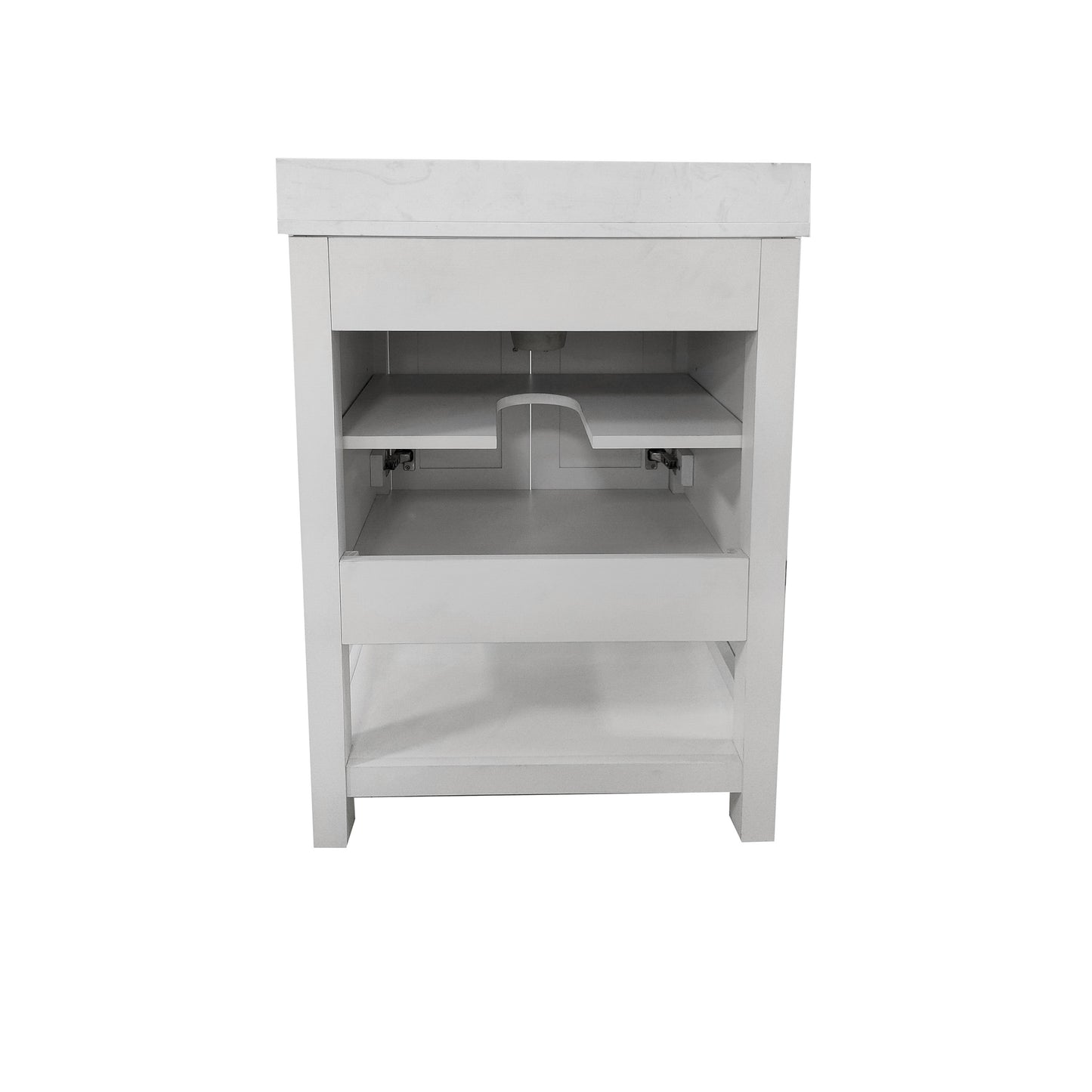 Vega 24" Bathroom Vanity with Sink, Storage Cabinet with Soft Close Doors & Open Shelf, Carrara Marble Finish Counter & Black Hardware, White/White