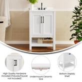 Vega 24" Bathroom Vanity with Sink, Storage Cabinet with Soft Close Doors & Open Shelf, Carrara Marble Finish Counter & Black Hardware, White/White
