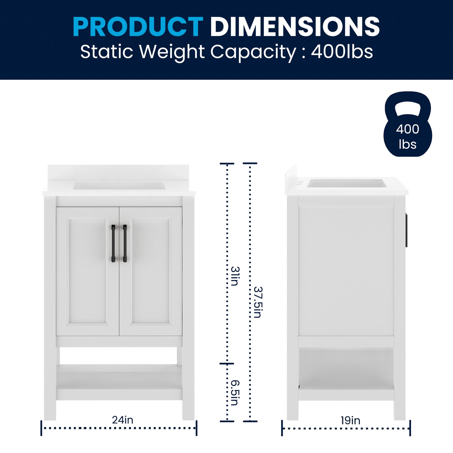 Vega 24" Bathroom Vanity with Sink, Storage Cabinet with Soft Close Doors & Open Shelf, Carrara Marble Finish Counter & Black Hardware, White/White