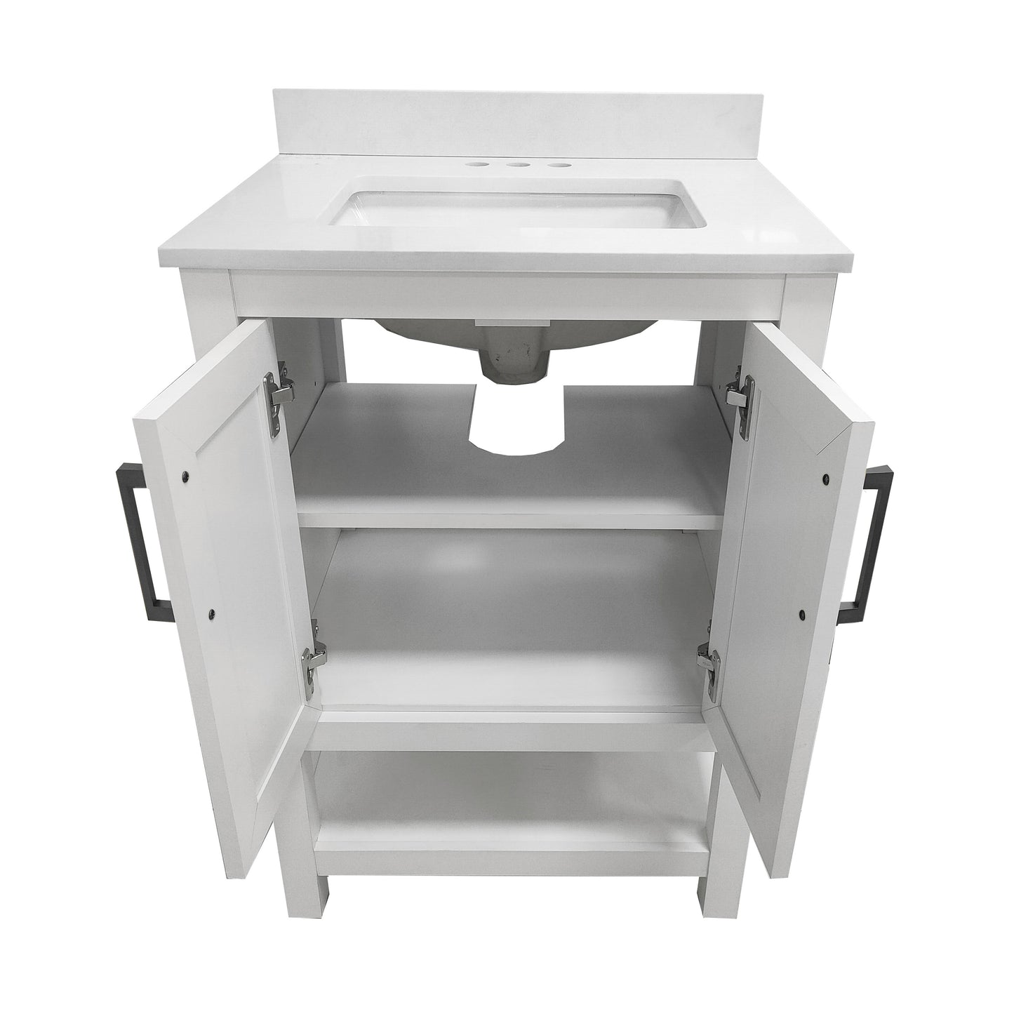 Vega 24" Bathroom Vanity with Sink, Storage Cabinet with Soft Close Doors & Open Shelf, Carrara Marble Finish Counter & Black Hardware, White/White