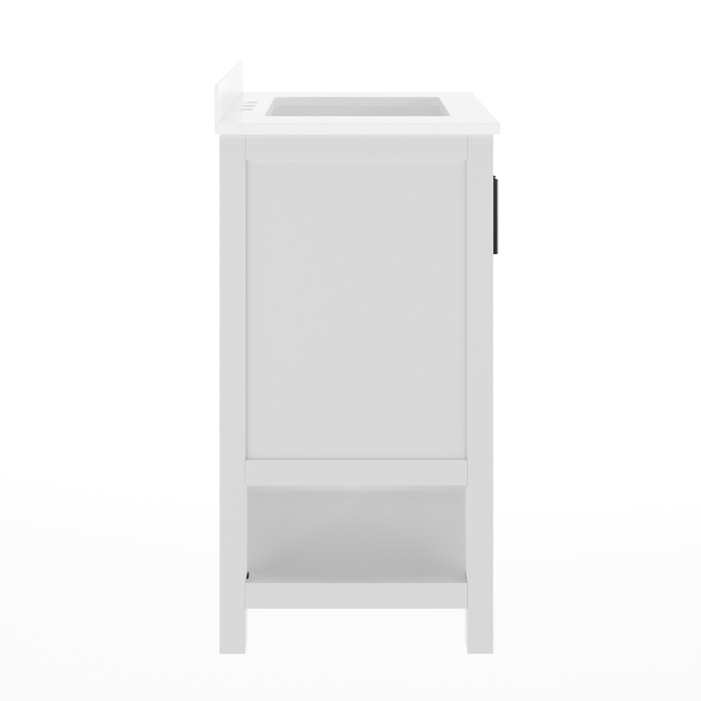 Vega 24" Bathroom Vanity with Sink, Storage Cabinet with Soft Close Doors & Open Shelf, Carrara Marble Finish Counter & Black Hardware, White/White