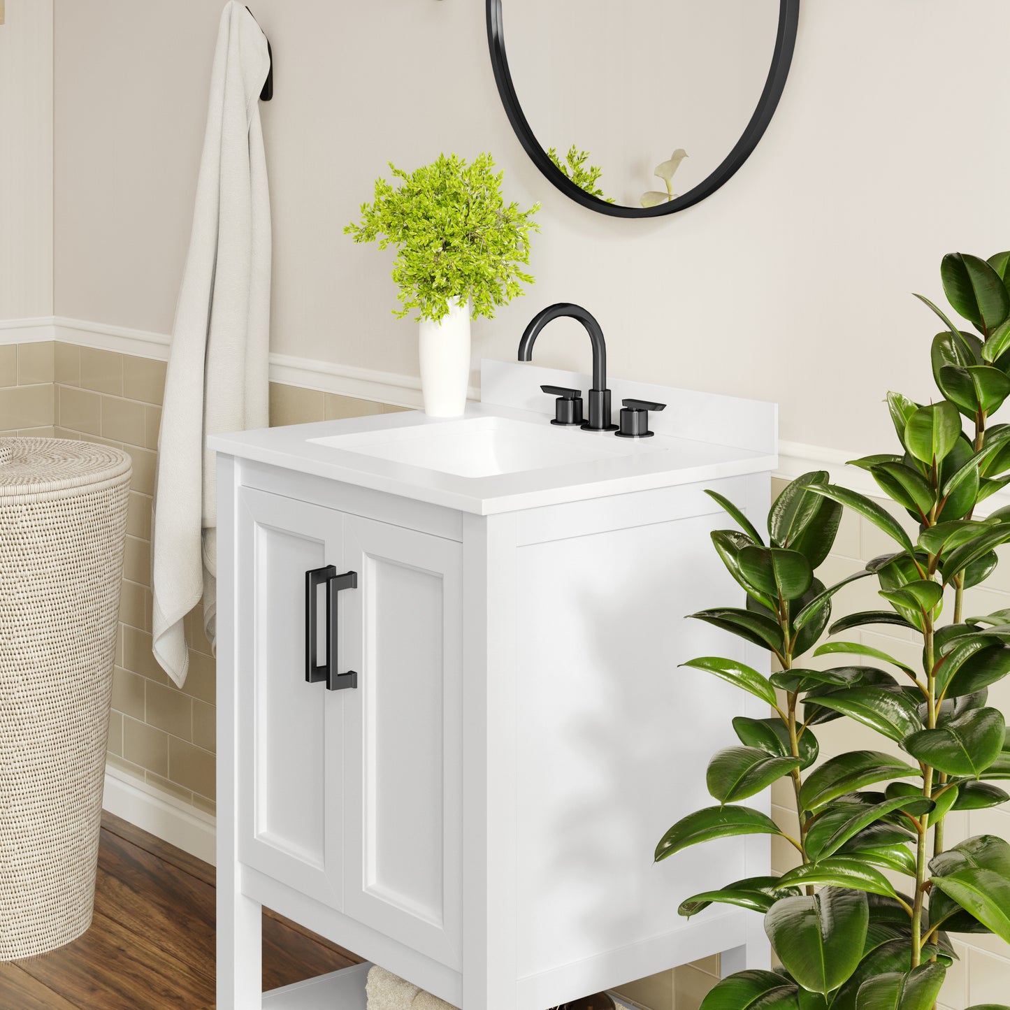 Vega 24" Bathroom Vanity with Sink, Storage Cabinet with Soft Close Doors & Open Shelf, Carrara Marble Finish Counter & Black Hardware, White/White