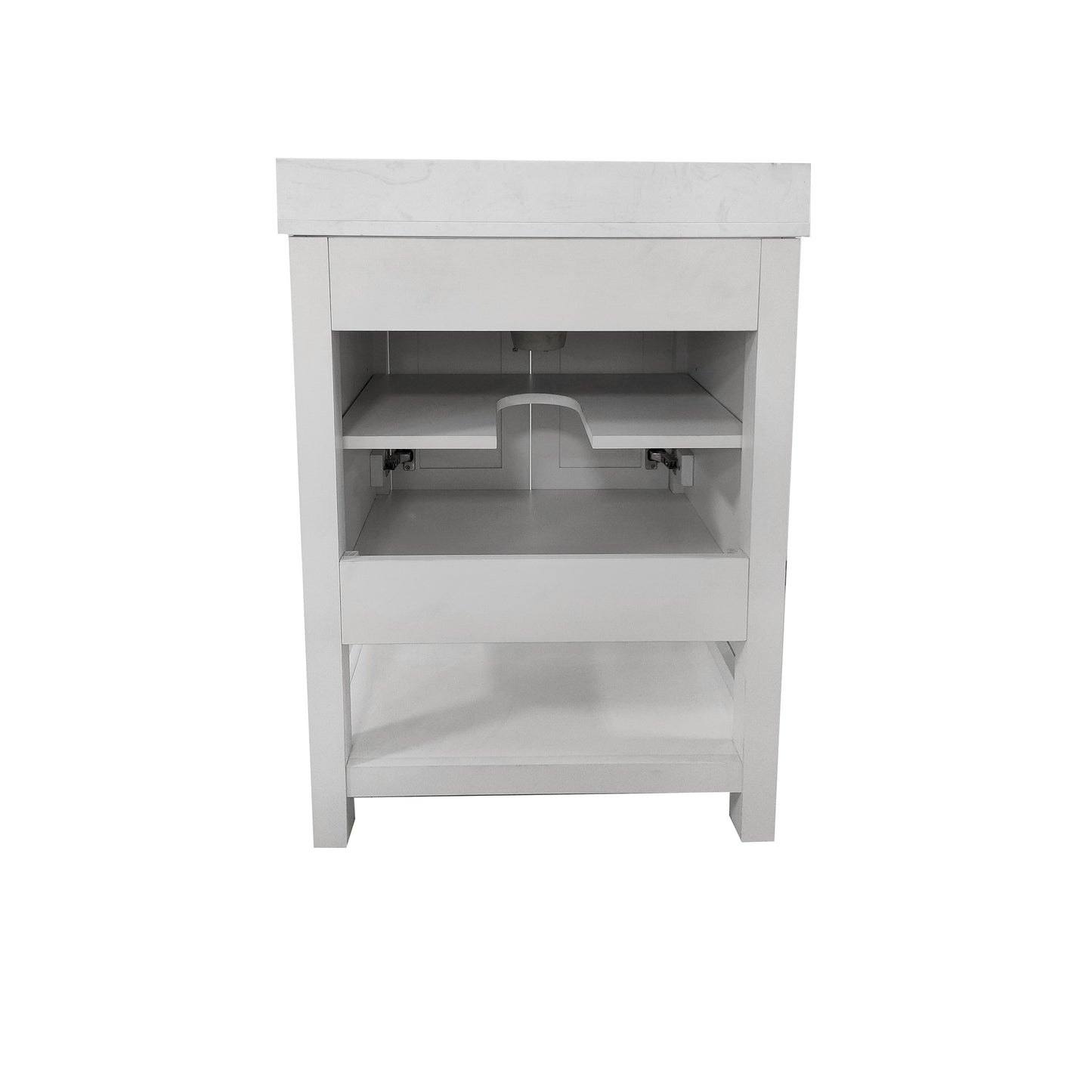 Vega 24" Bathroom Vanity with Sink, Storage Cabinet with Soft Close Doors & Open Shelf, Carrara Marble Finish Counter & Gold Hardware, White/White