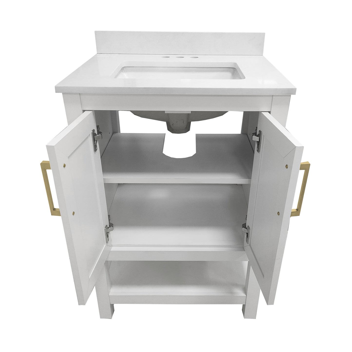 Vega 24" Bathroom Vanity with Sink, Storage Cabinet with Soft Close Doors & Open Shelf, Carrara Marble Finish Counter & Gold Hardware, White/White