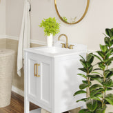 Vega 24" Bathroom Vanity with Sink, Storage Cabinet with Soft Close Doors & Open Shelf, Carrara Marble Finish Counter & Gold Hardware, White/White