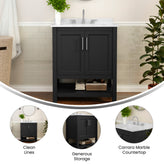 Vega 30 Inch Bathroom Vanity with Sink Combo, Storage Cabinet with Soft Close Doors and Open Shelf, Carrara Marble Finish Countertop, Black
