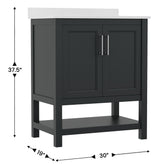 Vega 30 Inch Bathroom Vanity with Sink Combo, Storage Cabinet with Soft Close Doors and Open Shelf, Carrara Marble Finish Countertop, Black