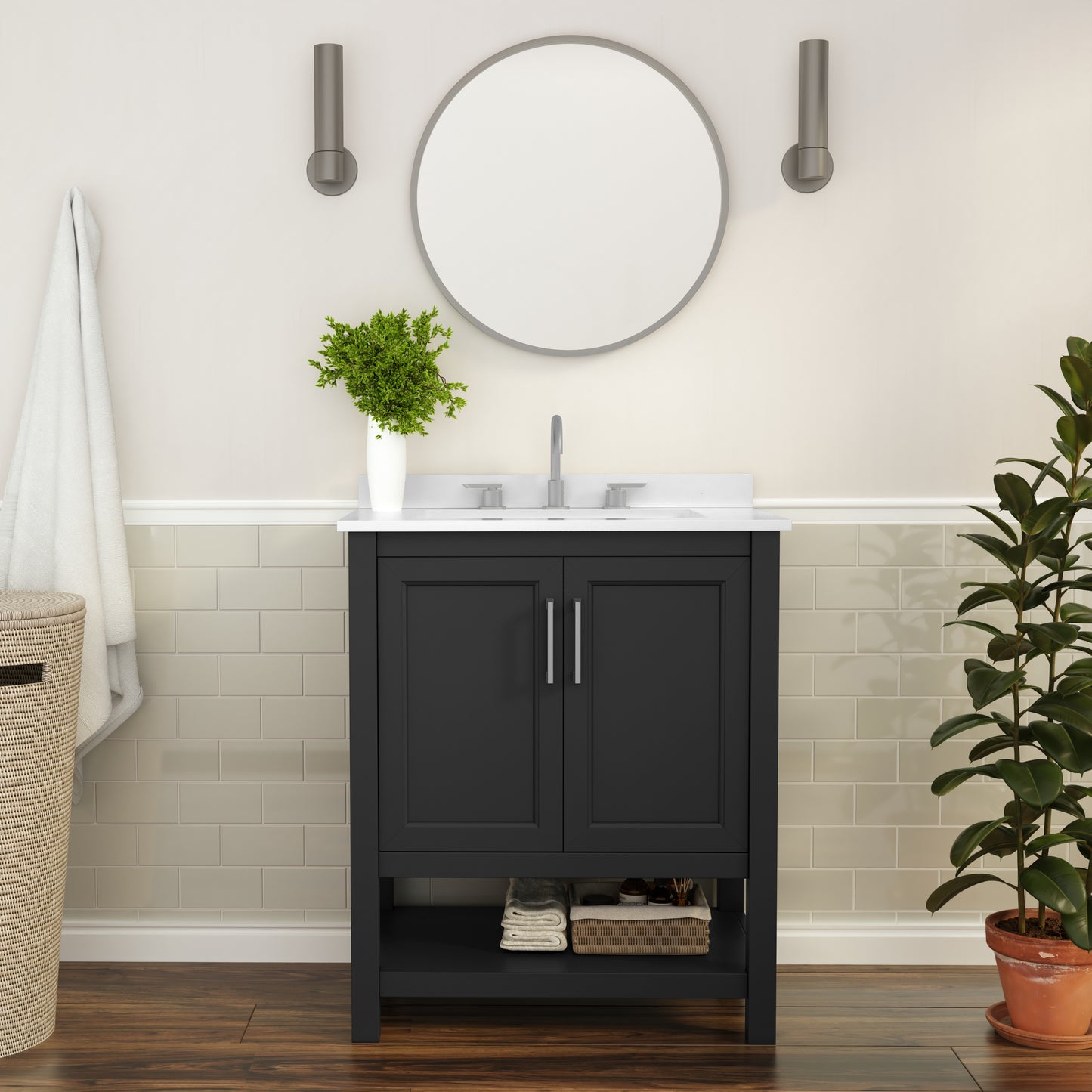 Vega 30 Inch Bathroom Vanity with Sink Combo, Storage Cabinet with Soft Close Doors and Open Shelf, Carrara Marble Finish Countertop, Black