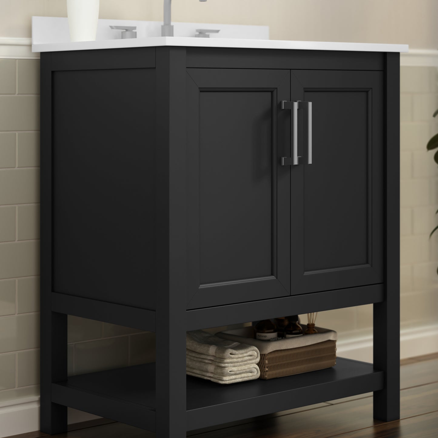 Vega 30 Inch Bathroom Vanity with Sink Combo, Storage Cabinet with Soft Close Doors and Open Shelf, Carrara Marble Finish Countertop, Black