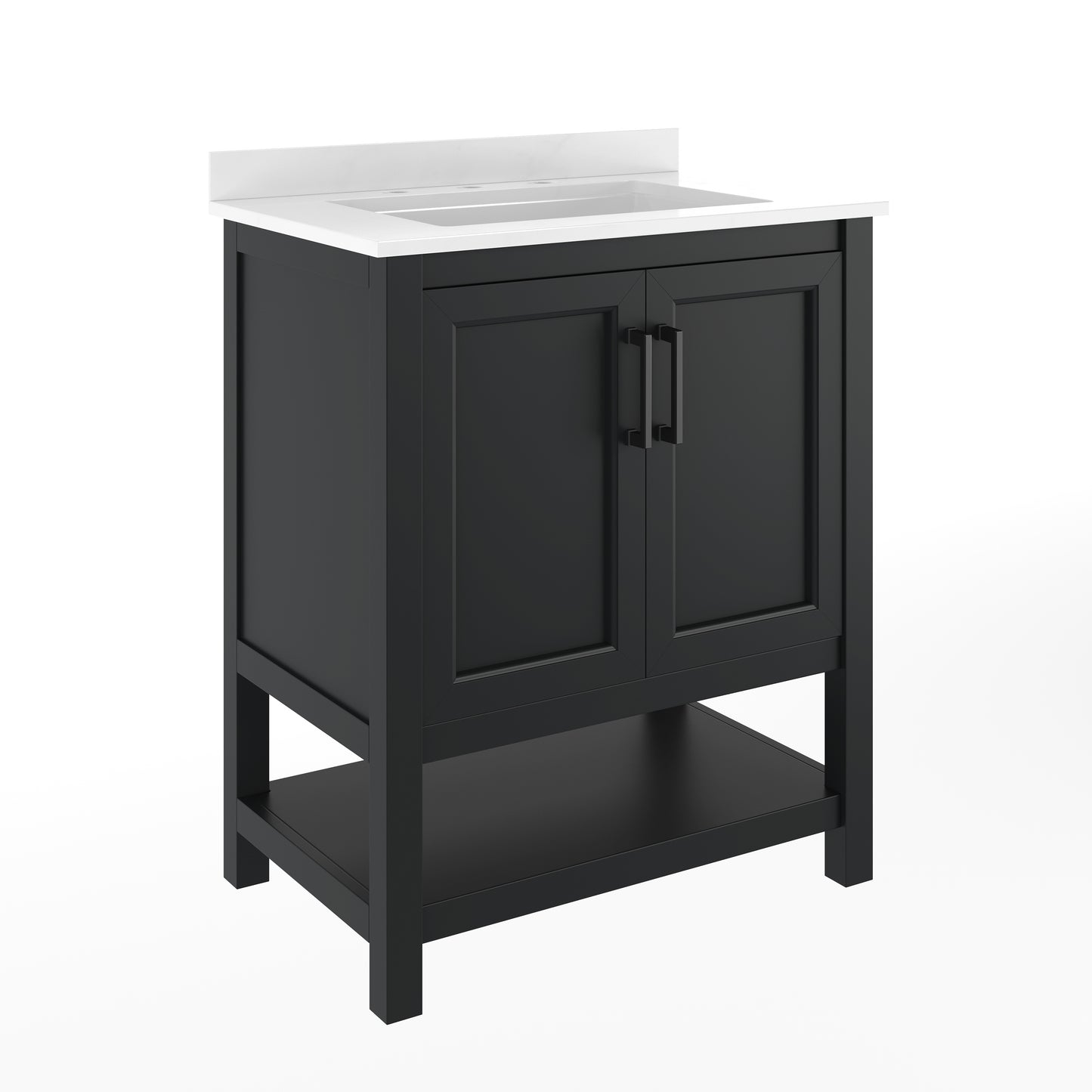Vega 30" Bathroom Vanity with Sink, Storage Cabinet with Soft Close Doors & Open Shelf, Carrara Marble Finish Counter & Black Hardware, Black/White