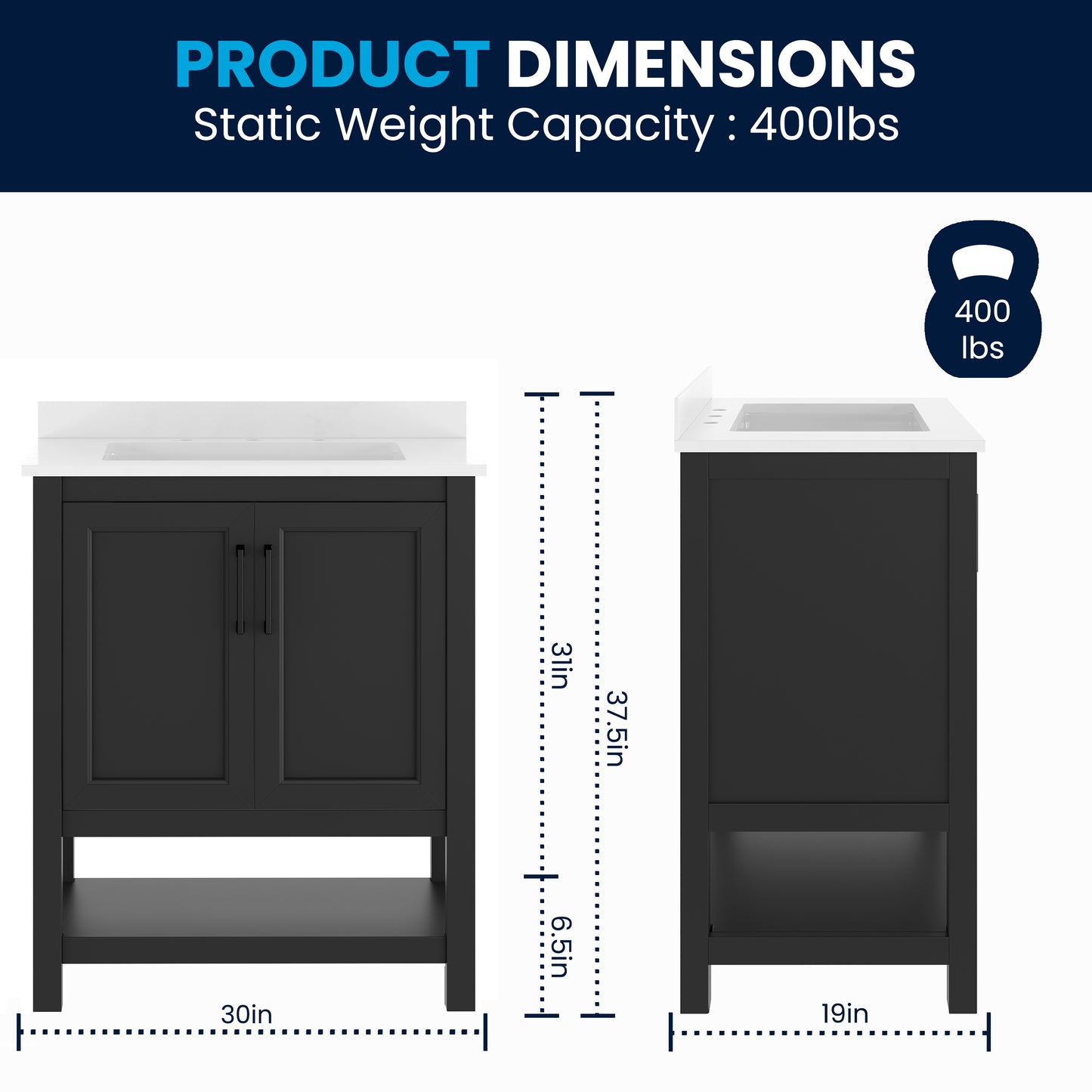 Vega 30" Bathroom Vanity with Sink, Storage Cabinet with Soft Close Doors & Open Shelf, Carrara Marble Finish Counter & Black Hardware, Black/White
