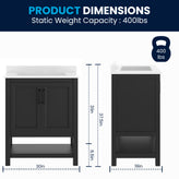 Vega 30" Bathroom Vanity with Sink, Storage Cabinet with Soft Close Doors & Open Shelf, Carrara Marble Finish Counter & Black Hardware, Black/White