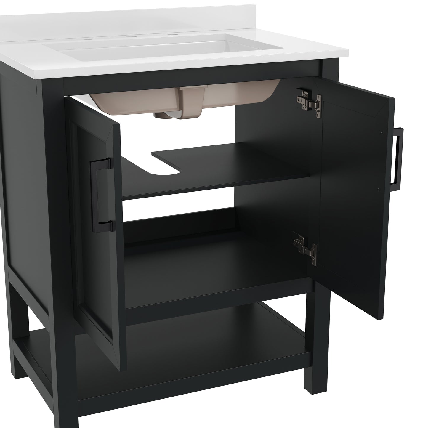 Vega 30" Bathroom Vanity with Sink, Storage Cabinet with Soft Close Doors & Open Shelf, Carrara Marble Finish Counter & Black Hardware, Black/White