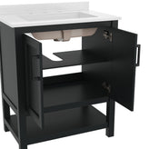 Vega 30" Bathroom Vanity with Sink, Storage Cabinet with Soft Close Doors & Open Shelf, Carrara Marble Finish Counter & Black Hardware, Black/White