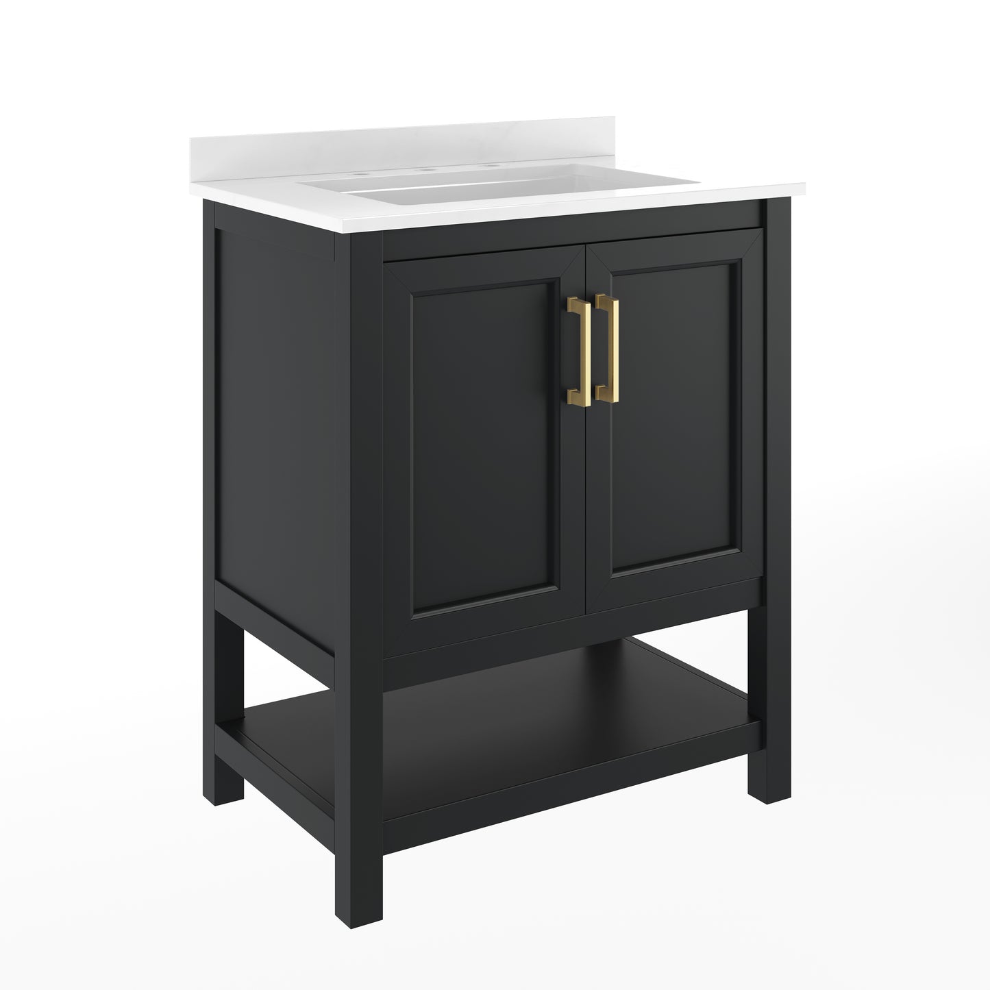 Vega 30" Bathroom Vanity with Sink, Storage Cabinet with Soft Close Doors & Open Shelf, Carrara Marble Finish Counter & Gold Hardware, Black/White