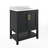 Vega 30" Bathroom Vanity with Sink, Storage Cabinet with Soft Close Doors & Open Shelf, Carrara Marble Finish Counter & Gold Hardware, Black/White