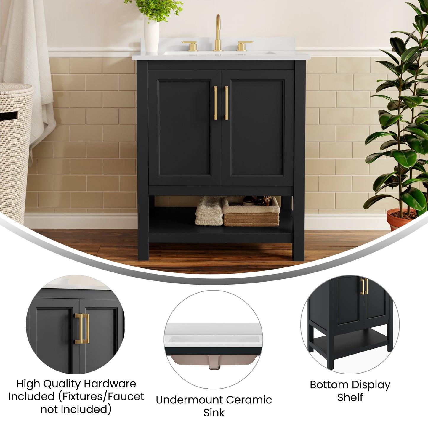 Vega 30" Bathroom Vanity with Sink, Storage Cabinet with Soft Close Doors & Open Shelf, Carrara Marble Finish Counter & Gold Hardware, Black/White