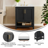 Vega 30" Bathroom Vanity with Sink, Storage Cabinet with Soft Close Doors & Open Shelf, Carrara Marble Finish Counter & Gold Hardware, Black/White