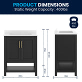 Vega 30" Bathroom Vanity with Sink, Storage Cabinet with Soft Close Doors & Open Shelf, Carrara Marble Finish Counter & Gold Hardware, Black/White
