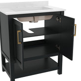 Vega 30" Bathroom Vanity with Sink, Storage Cabinet with Soft Close Doors & Open Shelf, Carrara Marble Finish Counter & Gold Hardware, Black/White