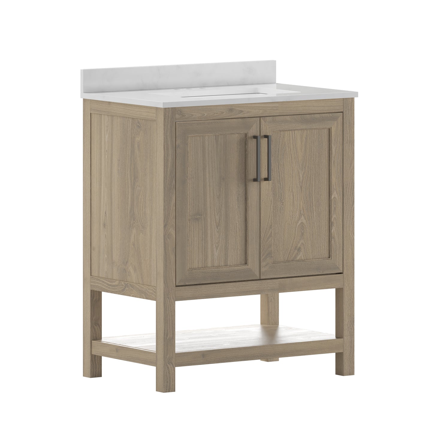 Vega 30 Inch Bathroom Vanity with Sink Combo, Storage Cabinet with Soft Close Doors and Open Shelf, Carrara Marble Finish Countertop, Brown/White