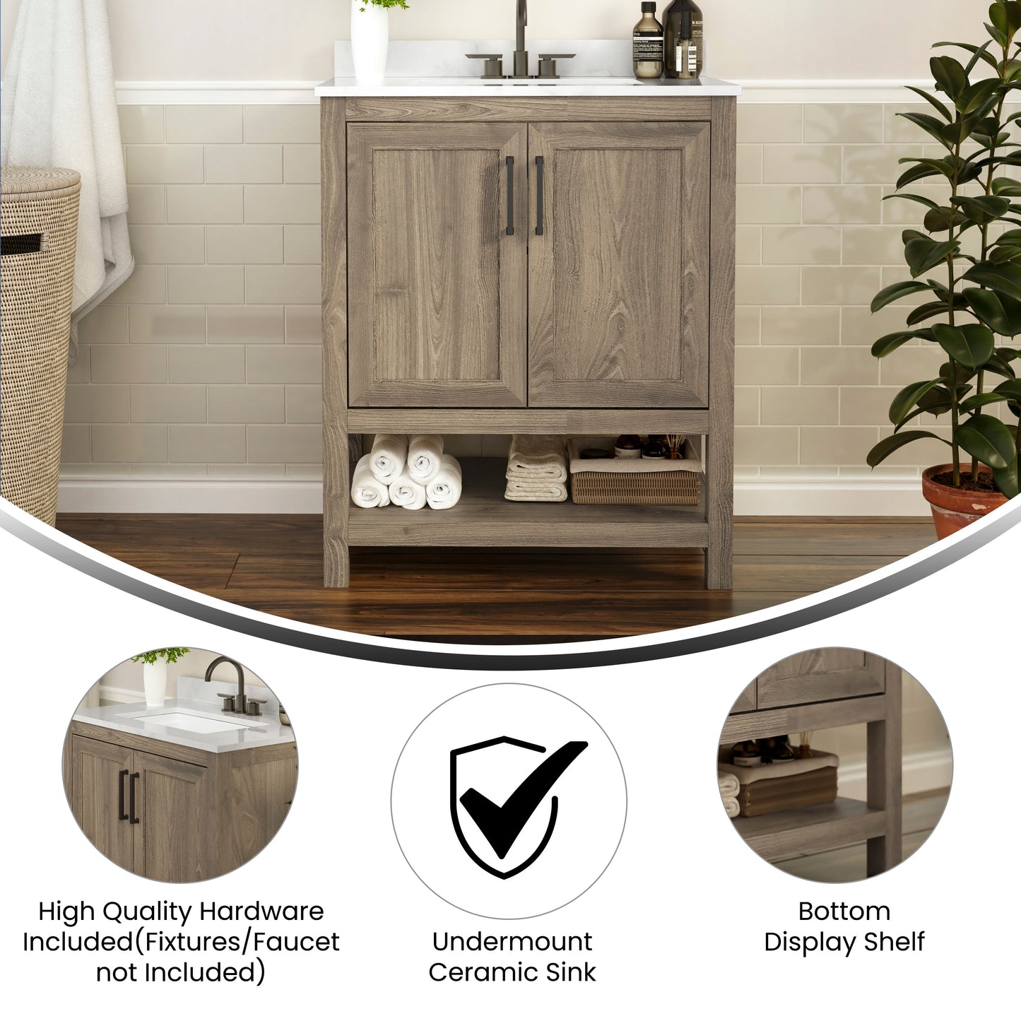 Vega 30 Inch Bathroom Vanity with Sink Combo, Storage Cabinet with Soft Close Doors and Open Shelf, Carrara Marble Finish Countertop, Brown/White