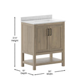 Vega 30 Inch Bathroom Vanity with Sink Combo, Storage Cabinet with Soft Close Doors and Open Shelf, Carrara Marble Finish Countertop, Brown/White