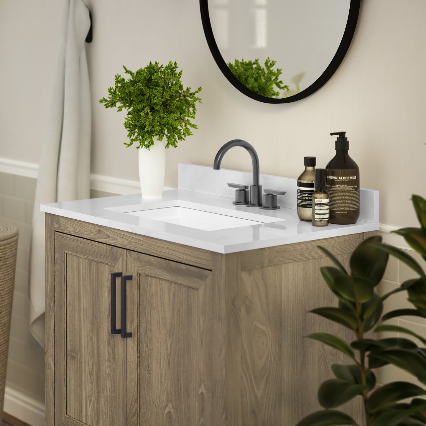 Vega 30 Inch Bathroom Vanity with Sink Combo, Storage Cabinet with Soft Close Doors and Open Shelf, Carrara Marble Finish Countertop, Brown/White