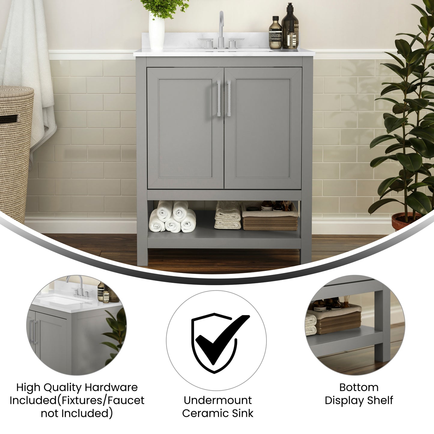 Vega 30 Inch Bathroom Vanity with Sink Combo, Storage Cabinet with Soft Close Doors and Open Shelf, Carrara Marble Finish Countertop, Gray/White