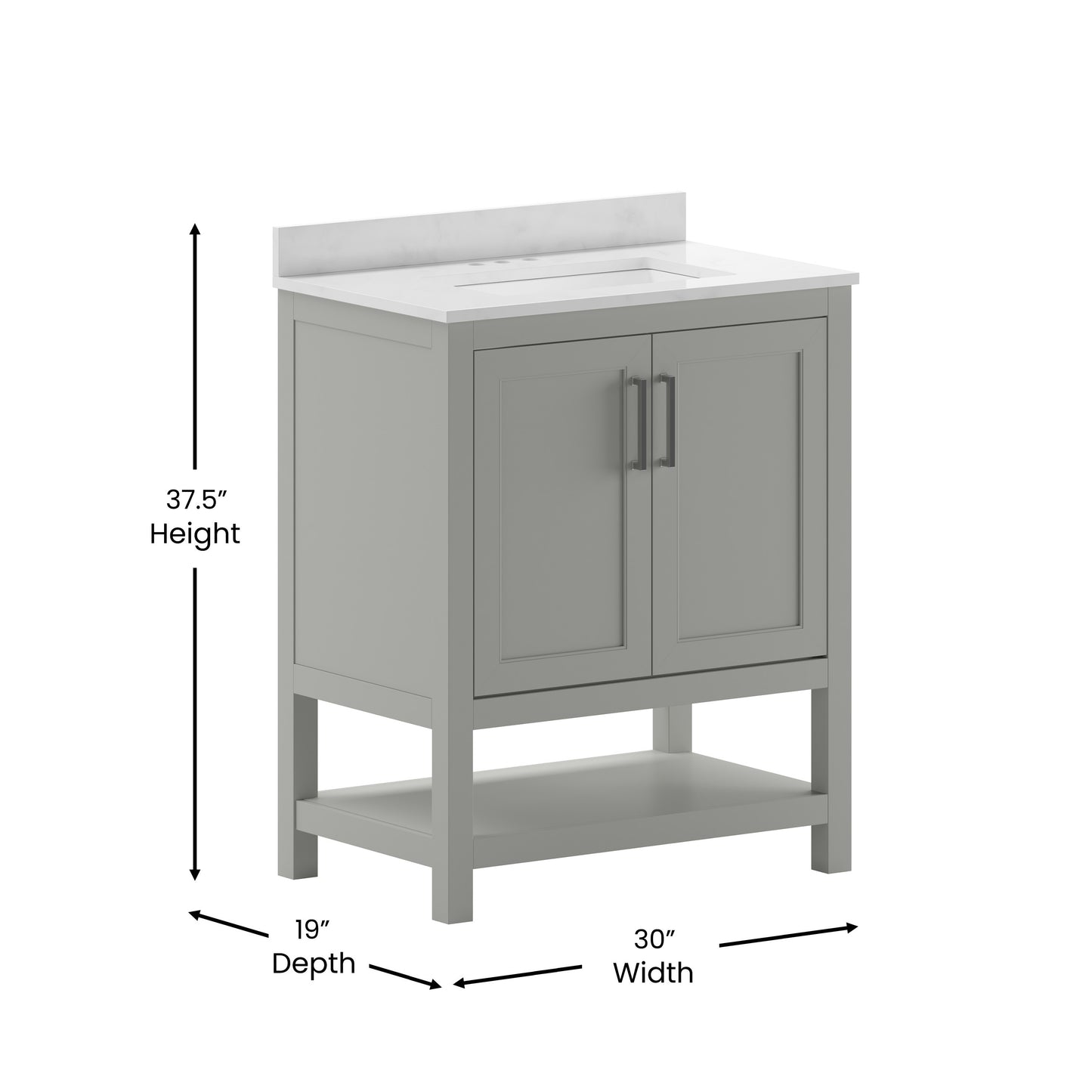 Vega 30 Inch Bathroom Vanity with Sink Combo, Storage Cabinet with Soft Close Doors and Open Shelf, Carrara Marble Finish Countertop, Gray/White