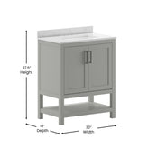 Vega 30 Inch Bathroom Vanity with Sink Combo, Storage Cabinet with Soft Close Doors and Open Shelf, Carrara Marble Finish Countertop, Gray/White