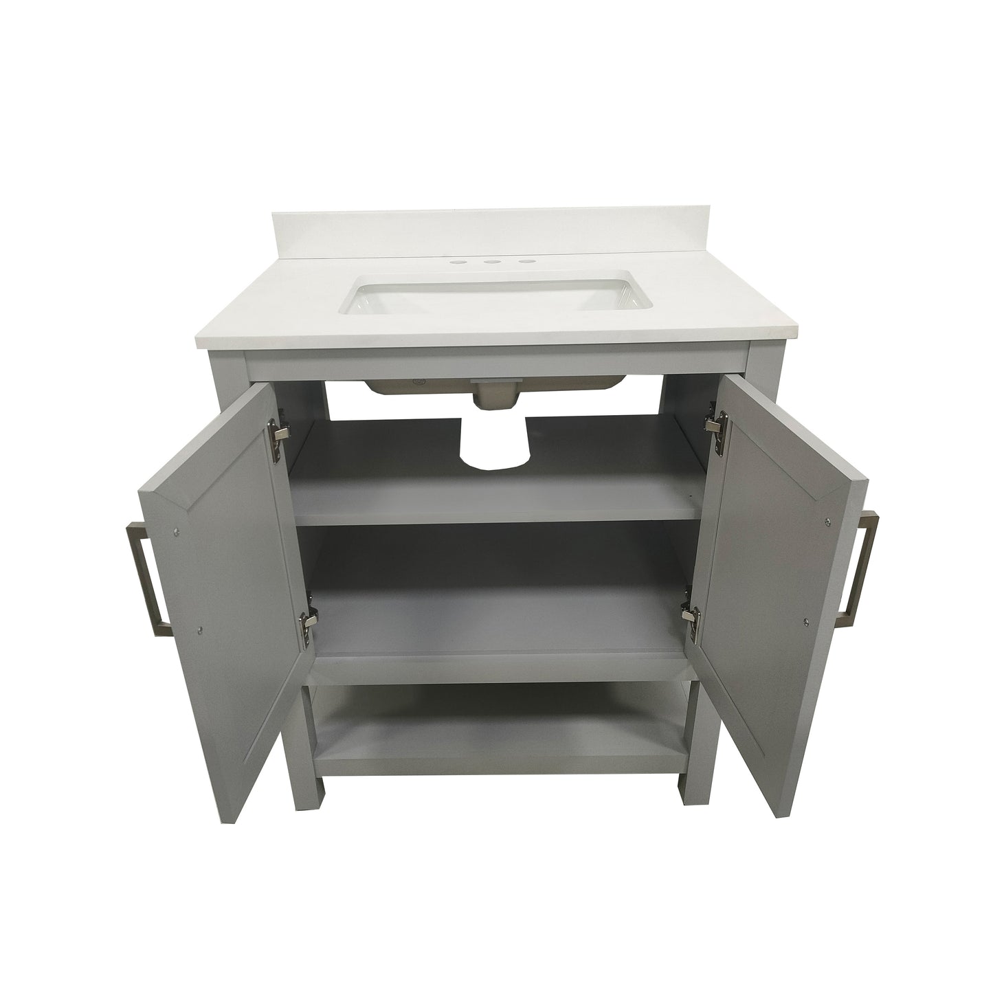 Vega 30 Inch Bathroom Vanity with Sink Combo, Storage Cabinet with Soft Close Doors and Open Shelf, Carrara Marble Finish Countertop, Gray/White
