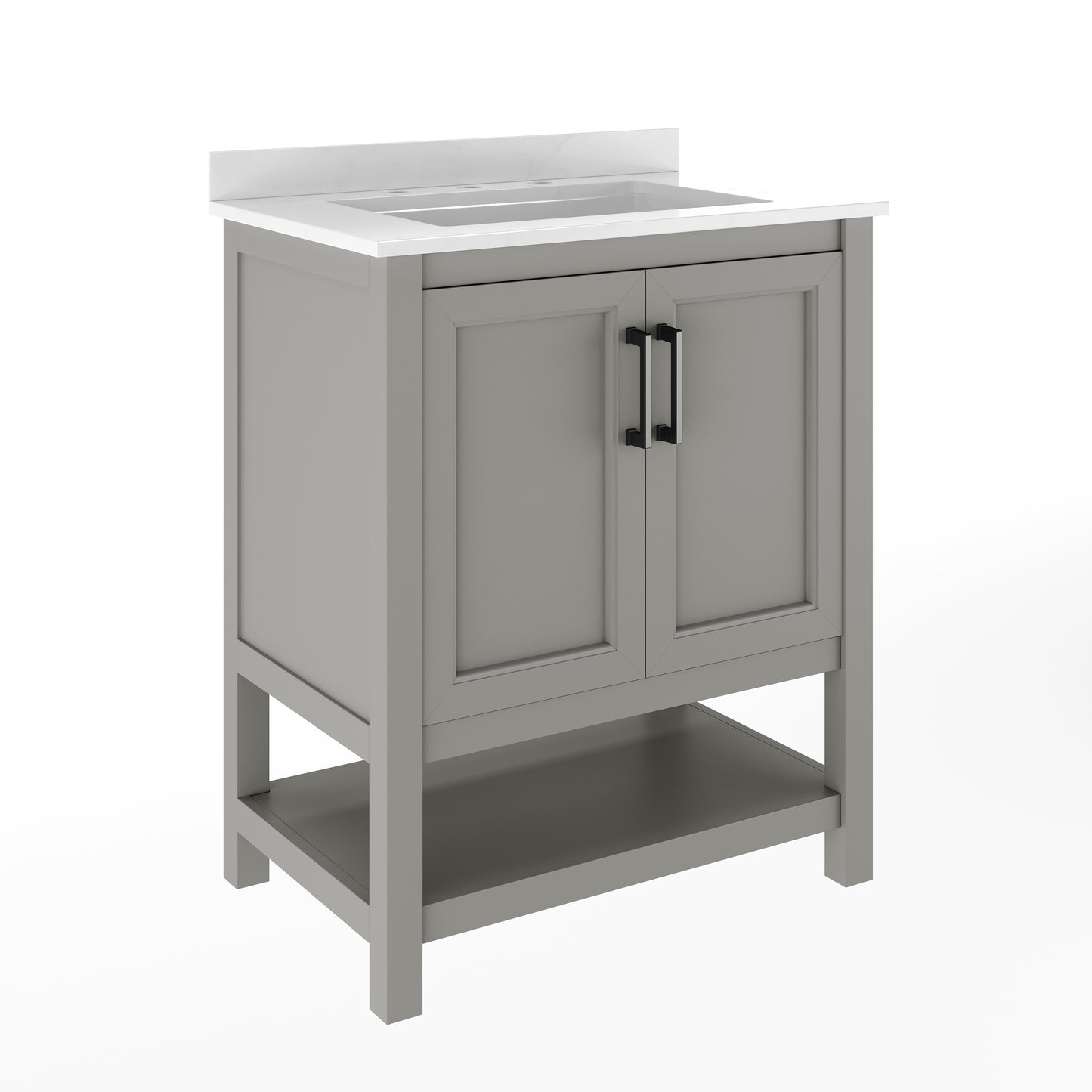 Vega 30" Bathroom Vanity with Sink, Storage Cabinet with Soft Close Doors & Open Shelf, Carrara Marble Finish Counter & Black Hardware, Gray/White