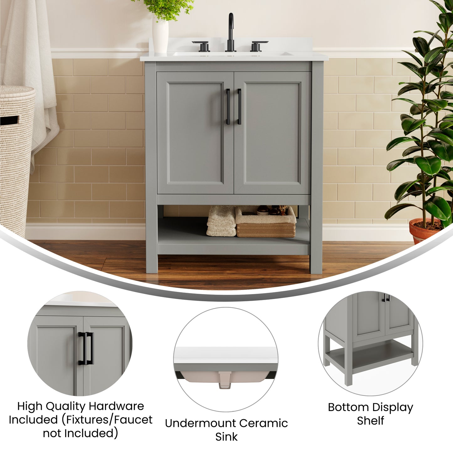 Vega 30" Bathroom Vanity with Sink, Storage Cabinet with Soft Close Doors & Open Shelf, Carrara Marble Finish Counter & Black Hardware, Gray/White