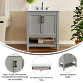 Vega 30" Bathroom Vanity with Sink, Storage Cabinet with Soft Close Doors & Open Shelf, Carrara Marble Finish Counter & Black Hardware, Gray/White
