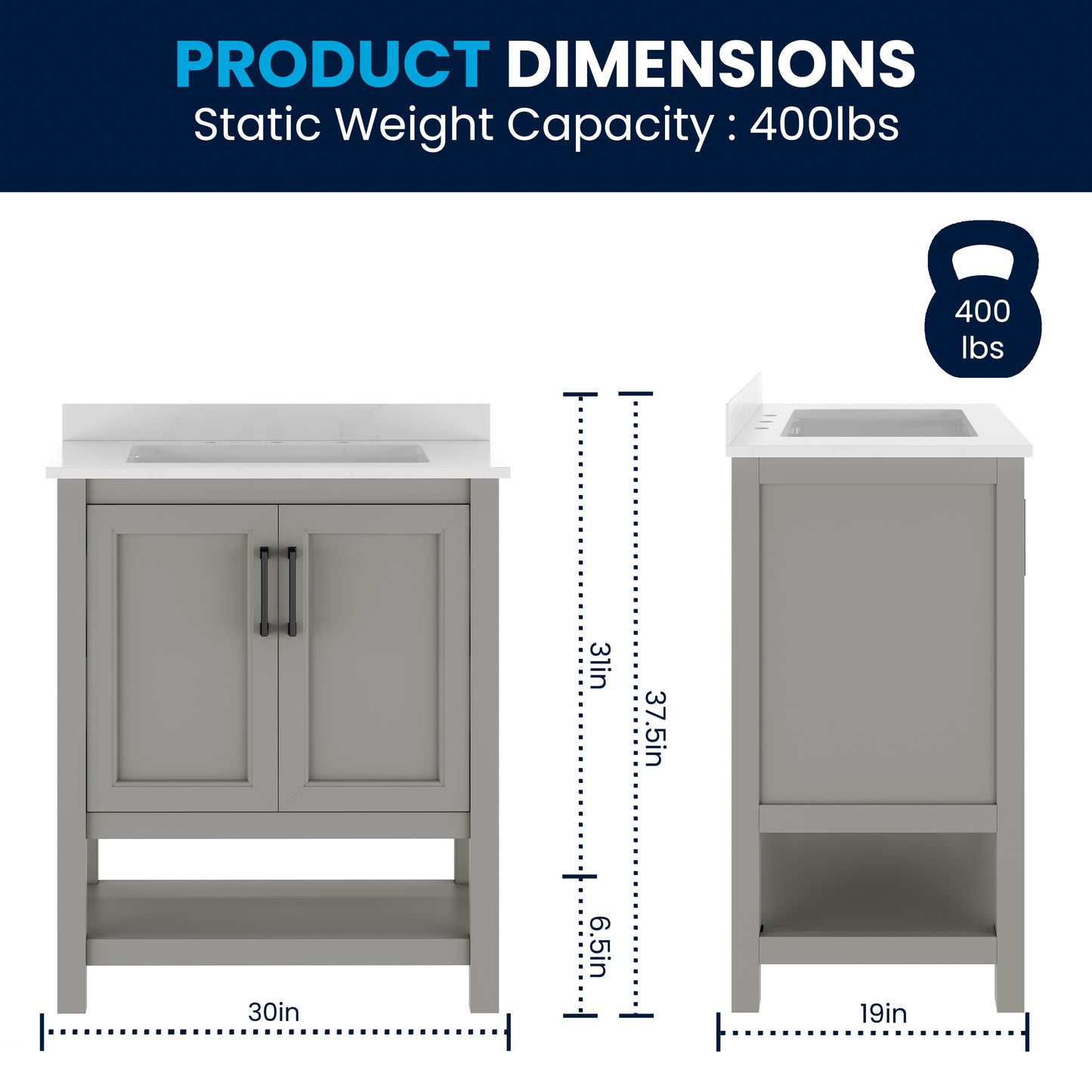 Vega 30" Bathroom Vanity with Sink, Storage Cabinet with Soft Close Doors & Open Shelf, Carrara Marble Finish Counter & Black Hardware, Gray/White