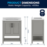 Vega 30" Bathroom Vanity with Sink, Storage Cabinet with Soft Close Doors & Open Shelf, Carrara Marble Finish Counter & Black Hardware, Gray/White