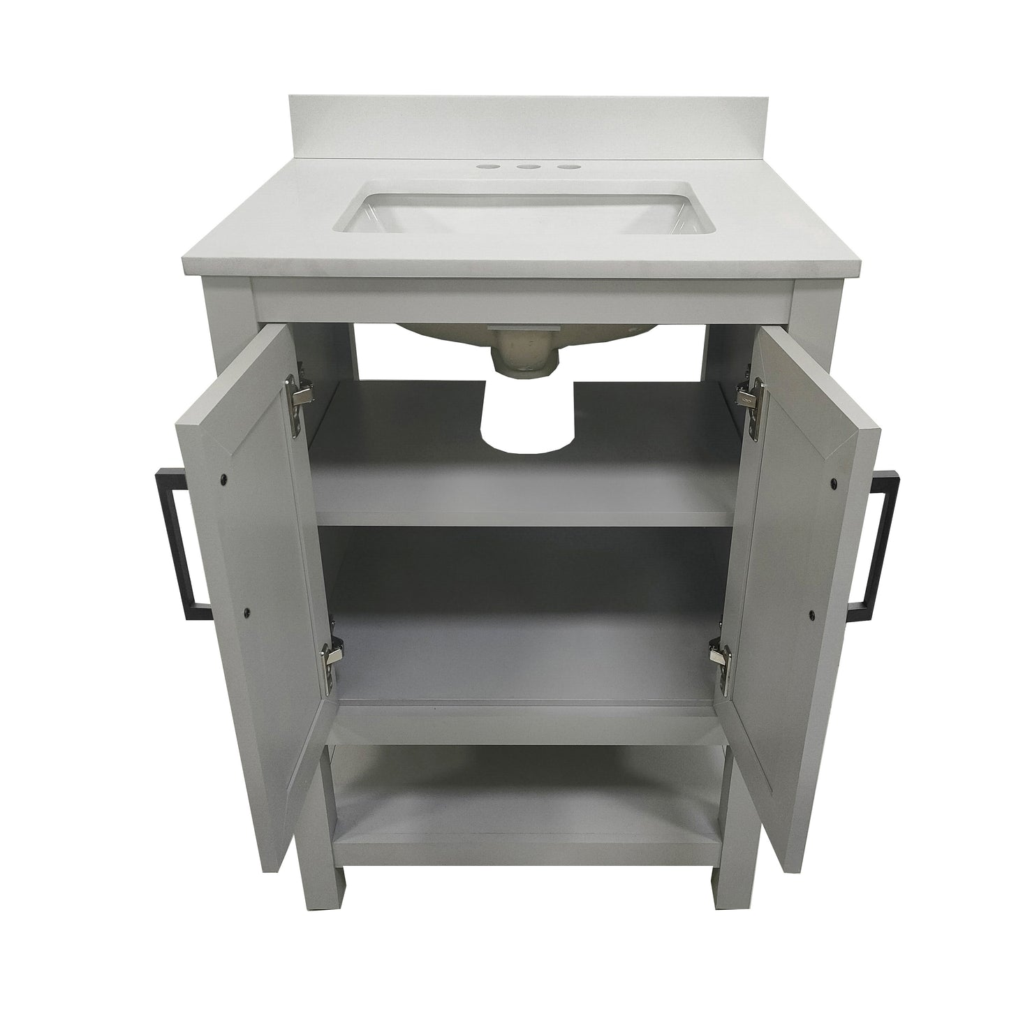 Vega 30" Bathroom Vanity with Sink, Storage Cabinet with Soft Close Doors & Open Shelf, Carrara Marble Finish Counter & Black Hardware, Gray/White