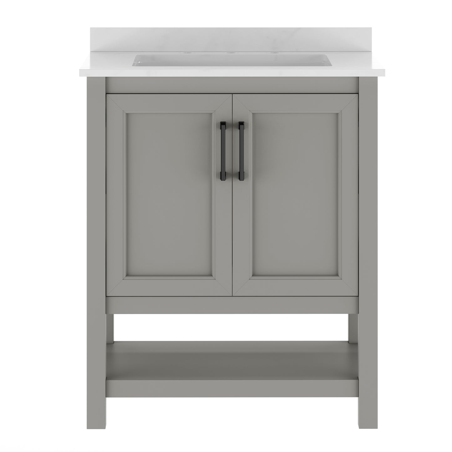 Vega 30" Bathroom Vanity with Sink, Storage Cabinet with Soft Close Doors & Open Shelf, Carrara Marble Finish Counter & Black Hardware, Gray/White