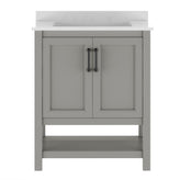 Vega 30" Bathroom Vanity with Sink, Storage Cabinet with Soft Close Doors & Open Shelf, Carrara Marble Finish Counter & Black Hardware, Gray/White