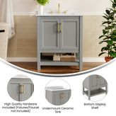 Vega 30" Bathroom Vanity with Sink, Storage Cabinet with Soft Close Doors & Open Shelf, Carrara Marble Finish Counter & Gold Hardware, Gray/White