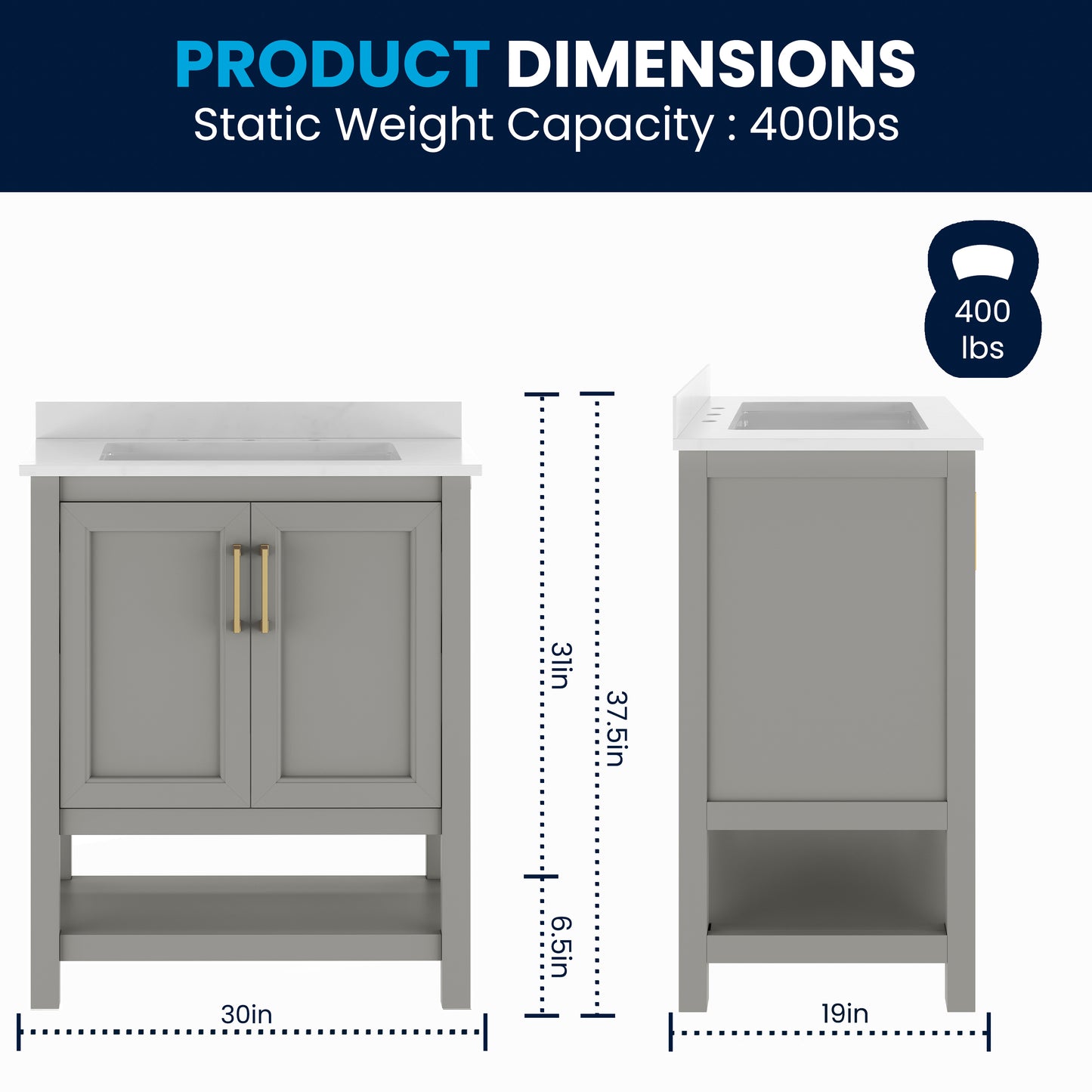Vega 30" Bathroom Vanity with Sink, Storage Cabinet with Soft Close Doors & Open Shelf, Carrara Marble Finish Counter & Gold Hardware, Gray/White