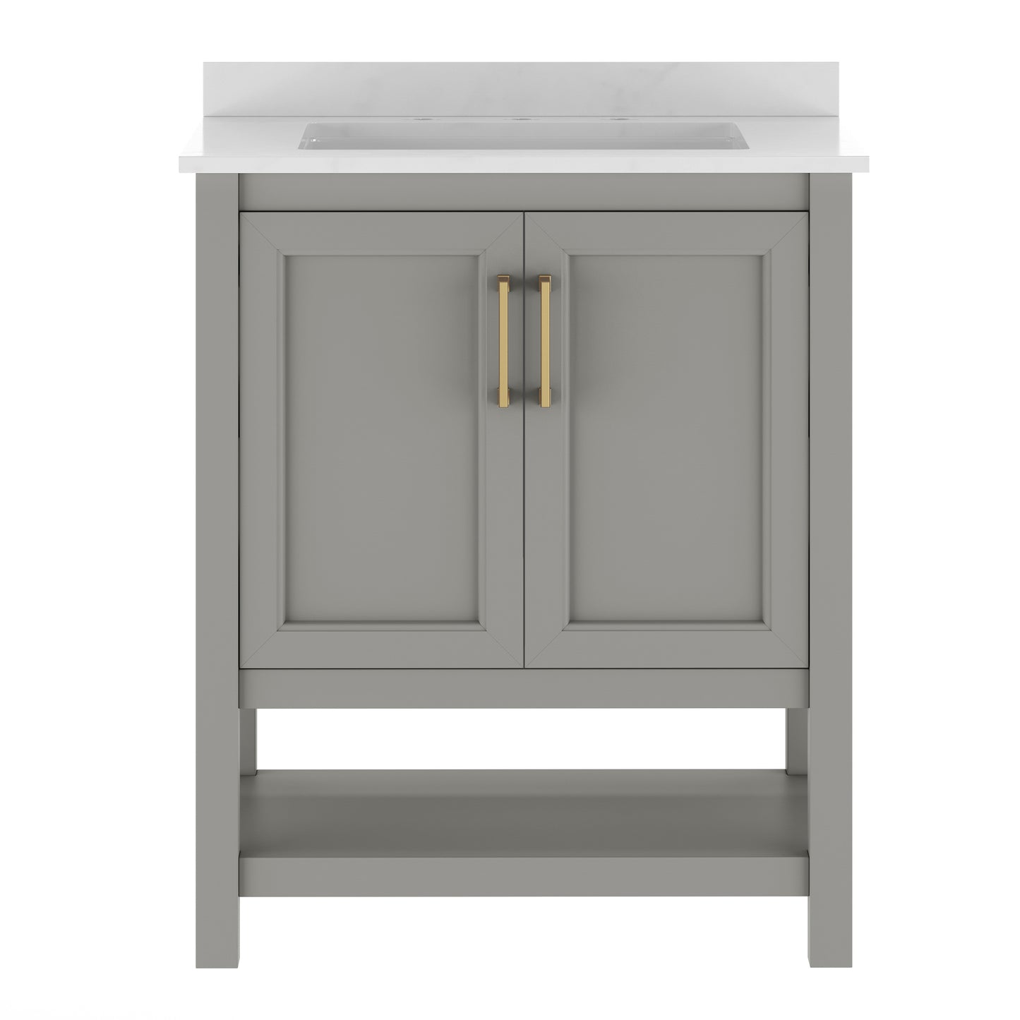 Vega 30" Bathroom Vanity with Sink, Storage Cabinet with Soft Close Doors & Open Shelf, Carrara Marble Finish Counter & Gold Hardware, Gray/White