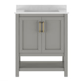 Vega 30" Bathroom Vanity with Sink, Storage Cabinet with Soft Close Doors & Open Shelf, Carrara Marble Finish Counter & Gold Hardware, Gray/White