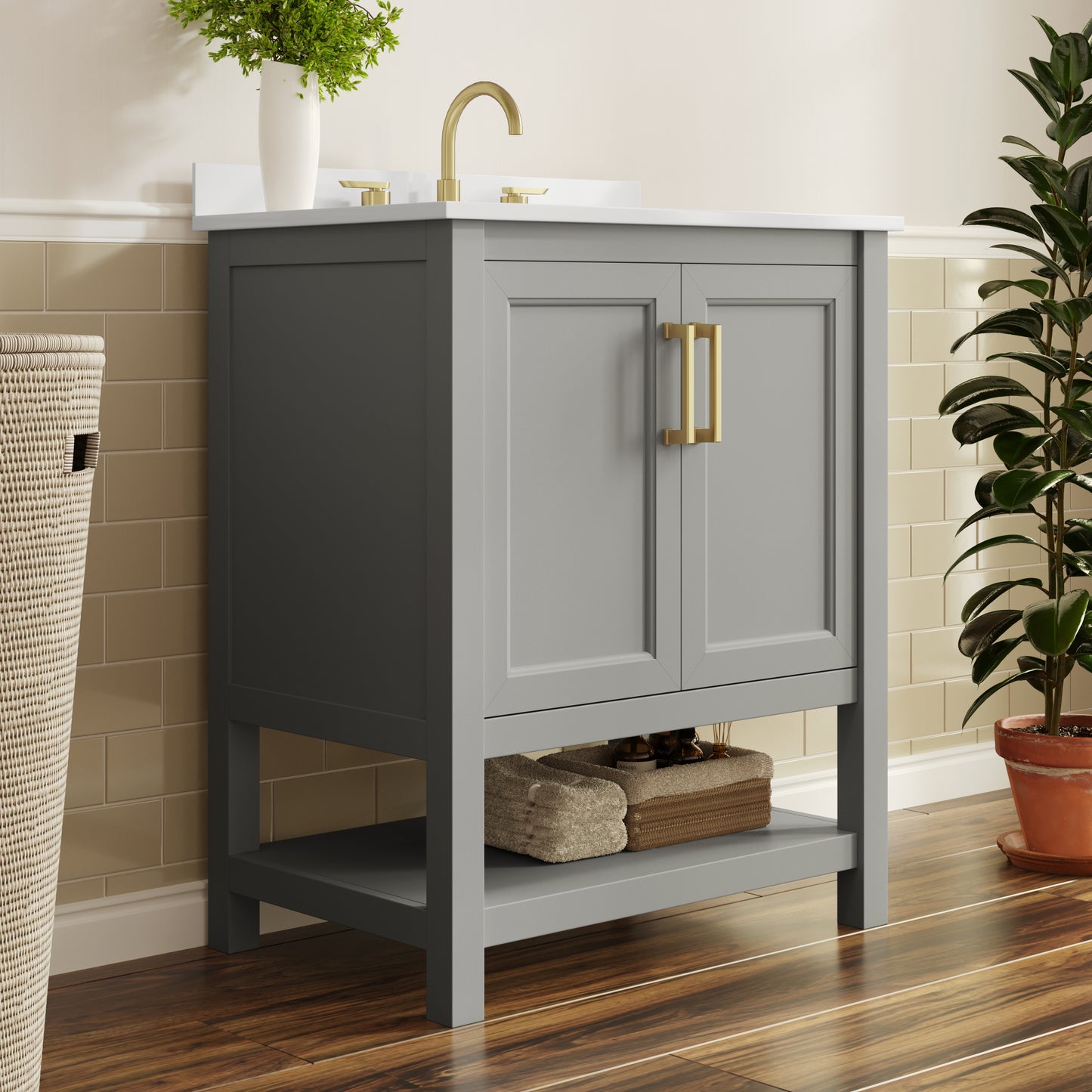 Vega 30" Bathroom Vanity with Sink, Storage Cabinet with Soft Close Doors & Open Shelf, Carrara Marble Finish Counter & Gold Hardware, Gray/White